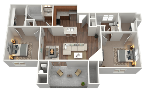 Floor plan for 2 beds, 2 baths, 1097 sqft